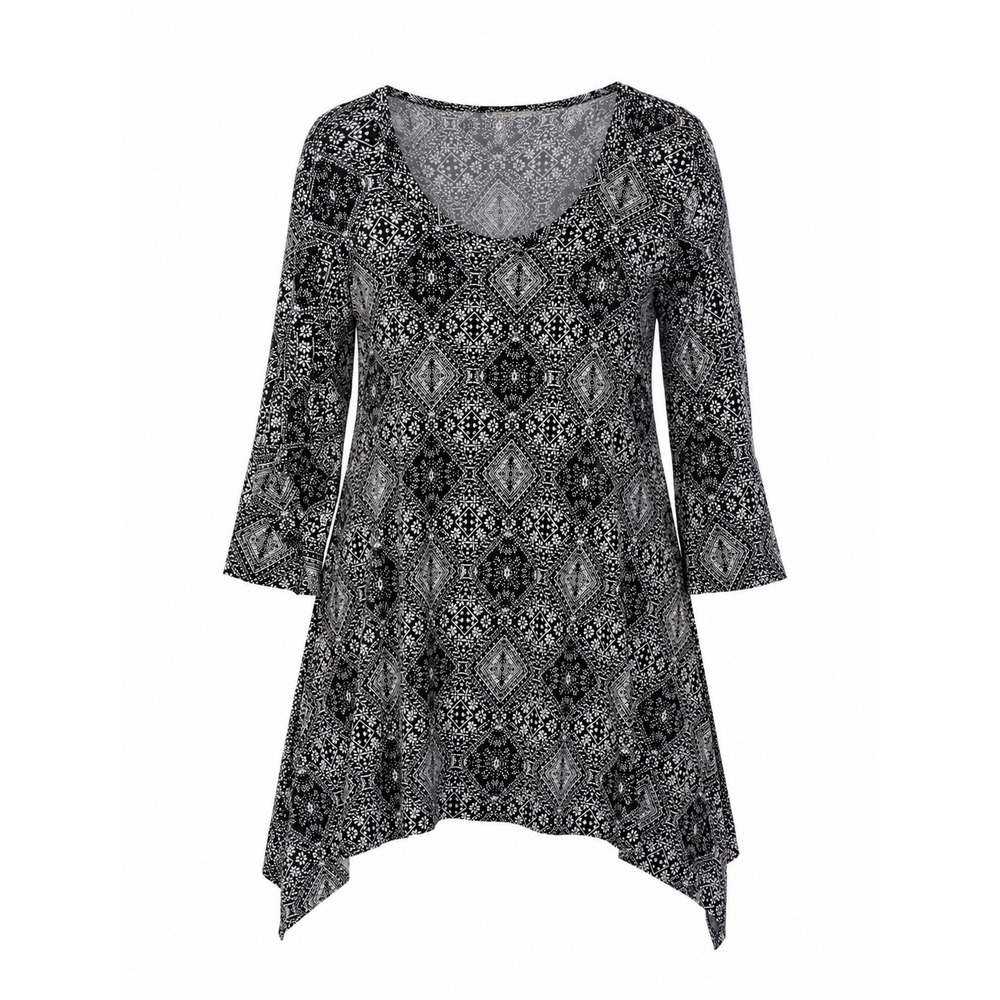 Woman Within Geometric Print Tunic Top Size 4X Shark Bite Hem 3/4 Sleeve Black